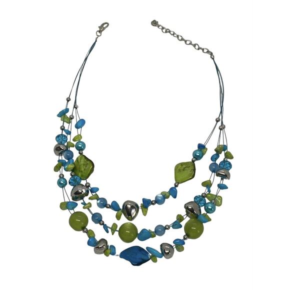 Multicolored Turquoise Stones Green Beads Three Strand Necklace Handcrafted - Picture 11 of 15
